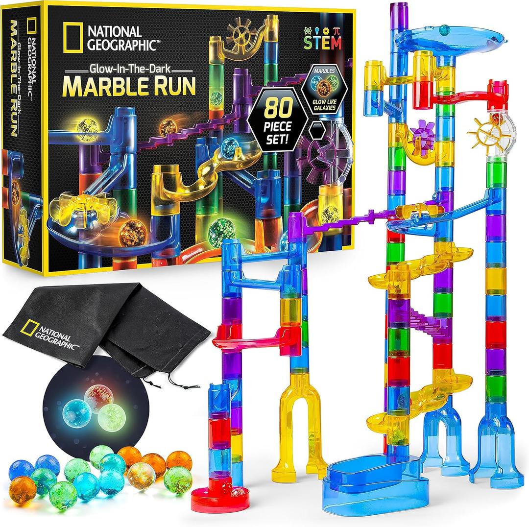 NATIONAL GEOGRAPHIC Glowing Marble Run Construction Set with 15 Glow in The Dark Glass Marbles & Storage Bag, STEM Gifts for Boys and Girls, Building Project Toy 