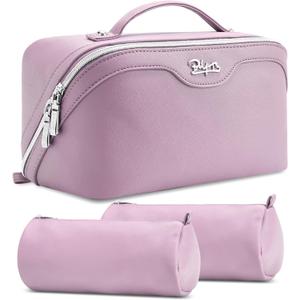 BOYATU Travel Makeup Bag Organizer Cosmetic Bag: 3 Pcs Set Makeup Bags for Women with Handle - Waterproof Vegan Leather Toiletry Bags Travel Essentials Pouch with Compartments (C-06-Purple)