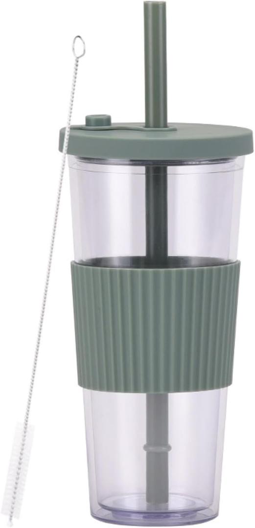 700ml/24oz Large Capacity Double-Layer Cup Outdoor Portable Large Hole Cup-Transparent olive green cover
