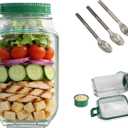 Portable Side Open Salad Jar with Leakproof Dressing Container - Removable Lid Converts to Bowl, Food Grade Reusable, Freezer Dishwasher Safe for Meal Prep Work Travel