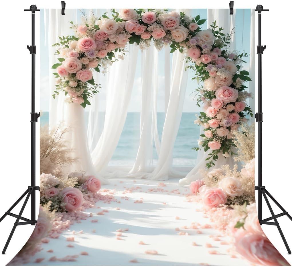 5X7FT Flowers Backdrops Pink Rose Flowers Background for Seaside Wedding Birthday Dessert Cake Table Decoration Vinyl