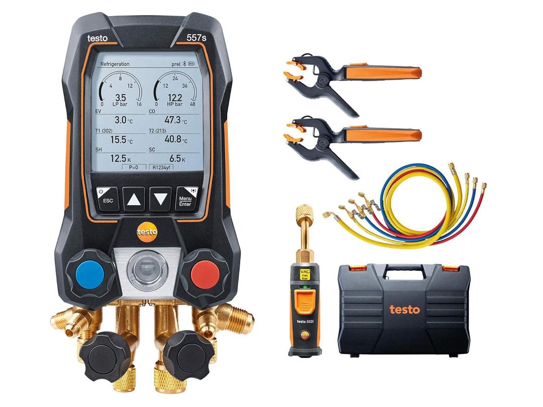 Testo 557s AC Manifold Gauge Set – AC Recharge Kit with 2x testo 115i Pipe Clamp Thermometer, 1x testo 552i Micron Gauge, and 4x Hoses – Set with Bluetooth