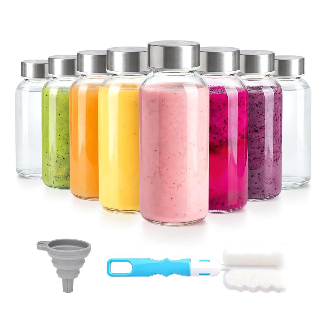  8 oz Glass Water Bottles with Lids, Reusable Clear Juice Bottles With Stainless Steel Airtight Cap for Juicing, Ginger Shot, Milk, 250ml Leak Proof Small Smoothie Container, BPA Free, Set of 8