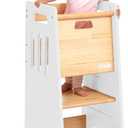 Toddler Tower with a Sliding Door and 3 Adjustable Heights - Complete Toddler Kitchen Stool Helper with Support Feet - Safe Design for 18+ Months to 6-Year-Old Kids - White