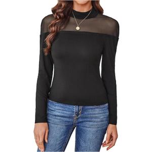 GORGLITTER Women's Turtleneck Long Sleeve Fall Tops Y2K Dressy Mock Neck Sexy Sheer Mesh Casual Going Out Tees Top 2025 (Black, XL)