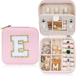 Jewelry Travel Case Small Organizer Stocking Box Jewelry Accessories Personalized Gifts Teenage Holiday Christmas Gift for Women Pink, Letter E