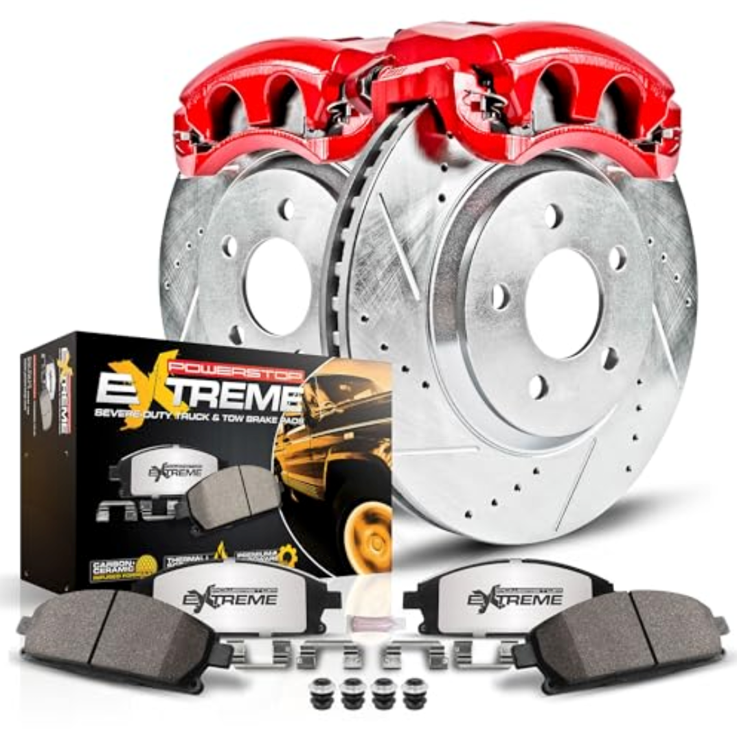 Power Stop KC2073-36 Z36 Truck & Tow Front and Rear Drilled and Slotted Brake Rotors Kit with Carbon-Fiber Ceramic Brake Pads & Calipers For Chevy Silverado 2500HD 3500HD GMC Sierra 2500HD 3500HD, Only Rear Side