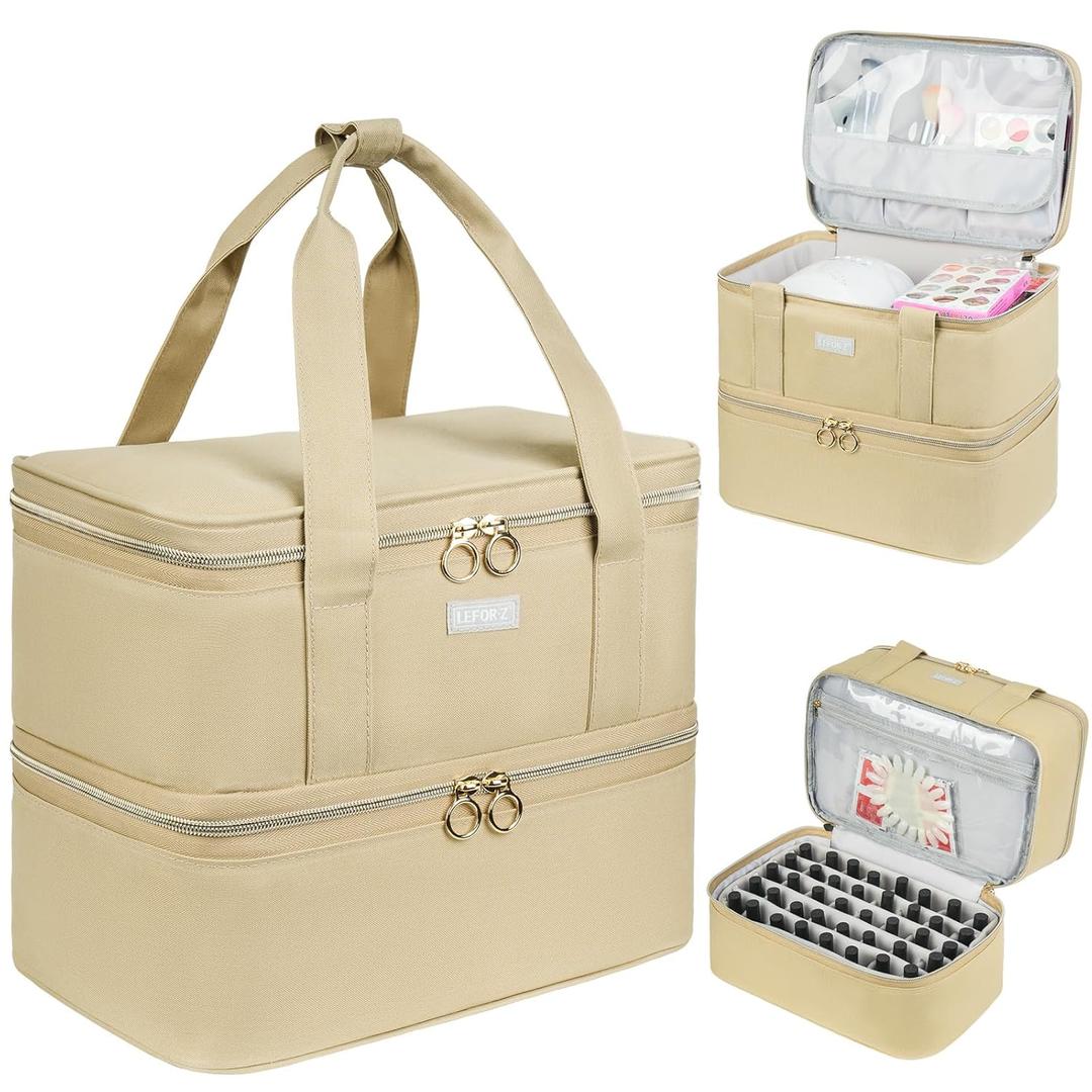 LEFORZ Nail Polish Organizer and Storage,Double-Layer Nail Supplies Carrying Case Bag for 40 Bottles (15ml-0.5 fl.oz) and a Lamp,Portable Nails Polish Holder for Nails Supplies,Khaki