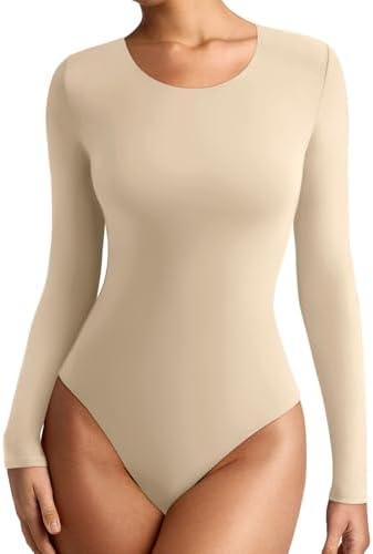 REORIA Womens Long Sleeve Bodysuits Fall Basic Round Neck Lightweight Double Lined Layering Slim Body Suit Tops, Beige, M