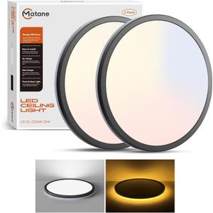 Matane 2Pack LED Flush Mount Ceiling Light Fixture with Night Light, 12inch 24W 2400LM 3000K/4000K/5000K Selectable, Dimmable LED Ceiling Lights for Bedroom, Dining Room, Kitchen, Round Black