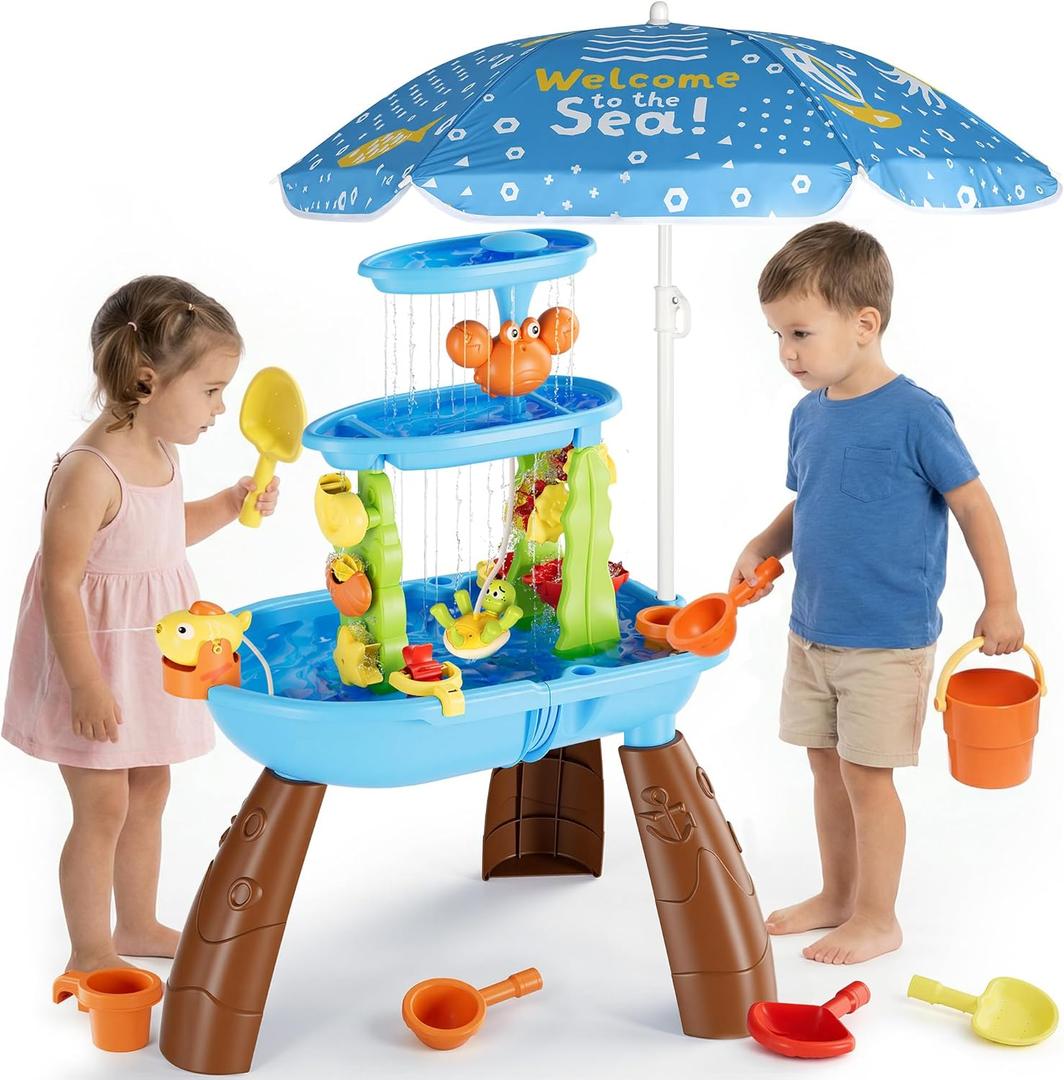 Kids Sand Water Table for Toddlers with Umbrella/Water Pumb, 3-Tier Outdoor Water Sand Play Table Beach Toys, Summer Splash Activity Sensory Table Party Birthday Gift for Kids 3 4 5 6 7 8 (Cyan)