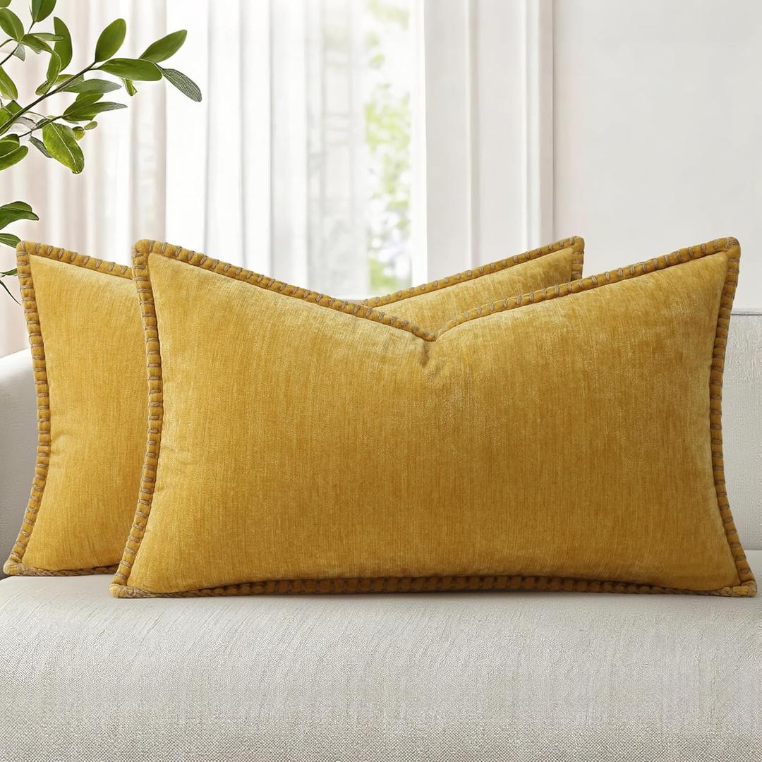 decorUhome Summer Chenille Soft Cozy Throw Pillow Covers 12x20 Set of 2, Modern Farmhouse Boho Velvet Decorative Pillow Cases with Stitched Edge for Couch Sofa Bed Home Decor, Mineral Yellow