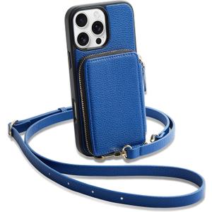 ZVE for iPhone 16 Pro Case Wallet, Card Holder Leather Phone Protective Handbag Flip Cover with Crossbody Strap for iPhone 16 Pro 6.3" Navy Blue