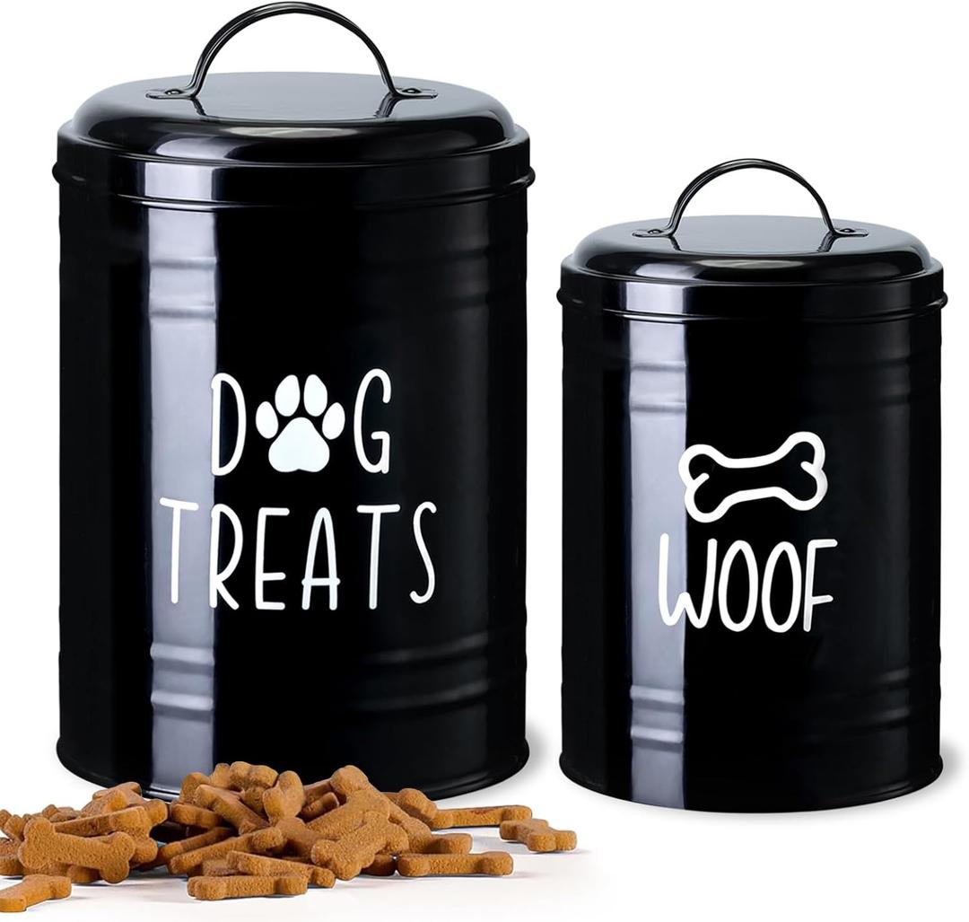 Dog Treat Container Airtight, Dog Treat Jar Set of 2 with Lid - 9x5.5''&7x4'' Metal Dog Cookie Jar for Farmhouse Kitchen Counter, Black Treat Jars for Pets, Treat Storage Container for Dogs, Cats