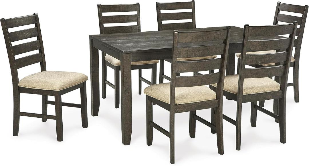Signature Design by Ashley Rokane 7-Piece Dining Room Table Set with 6 Upholstered Chairs - Brown Wood 20" Rectangular Table & Chair Set for Kitchen Dining Room