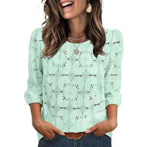 Sampeel Women Blouses Dressy Casual 3/4 Length Sleeve Tops Eyelet Lace Spring Summer Shirts Beach Vacation Clothes (Green, XL)