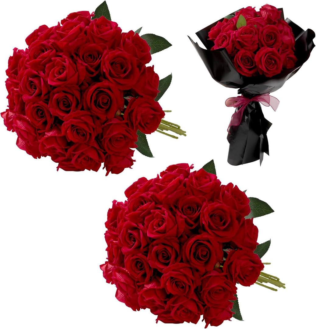 Red Roses Artificial Flowers Bulk, 32Pcs Fake Roses Artificial Velvet Roses with Stems, DIY Silk Flowers Roses Bouquet, Realistic Faux Artificial Roses for Mother's Day Home Table Decor Red Roses Artificial Flowers Bulk, 32Pcs Fake Roses Artificial Velvet Roses with Stems, DIY Silk Flowers Roses Bouquet, Realistic Faux Artificial Roses for Mother's Day Home Table Decor