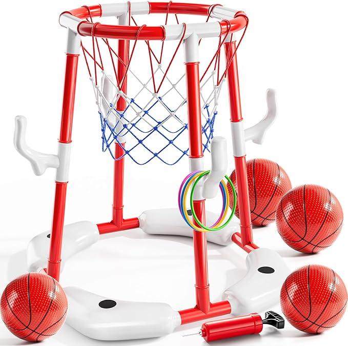 Ropoda Pool Basketball Hoop, 2-in-1 Floating Pool Toys Ring Game with 3 Balls, Outdoor Swimming Pool Basketball Games Water Play Toy Family Party for Kids Adults Age 3-12 (Red)