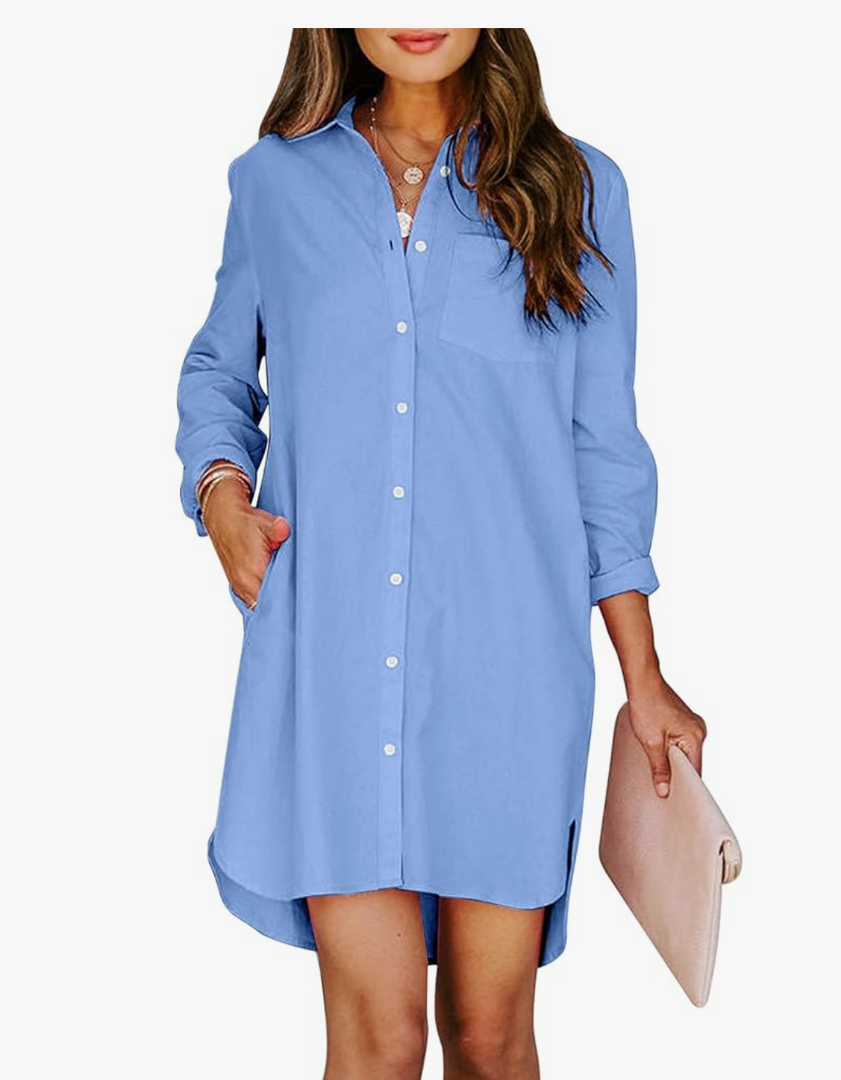 Womens Button Down Shirt Dresses with Pockets Cotton Button Up Tunics Long Sleeve Solid High Low Blouse Tops Size S