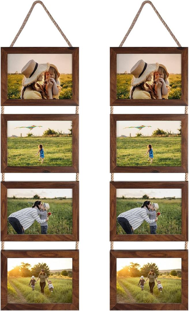 Lavezee 5x7 Hanging Collage Picture Frames Set of 2, Walnut Brown 8 Opening Horizontal Frame Made to Display 5 by 7 Inch Photo for Wall Decor