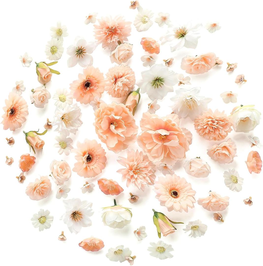 Floroom Mini Artificial Flower Heads Apricot Peach & Soft Cream Fake Peony Daisy Rose Multicolor Small Faux Silk Flower Heads for Cake Craft Garland Wedding Party Graduation Cap DIY Home Decoration