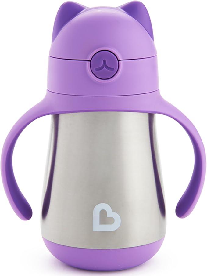 Munchkin Cool Cat Sippy Cup with Straw for Toddlers, Stainless Steel Straw Cup, 8 Ounce, Purple