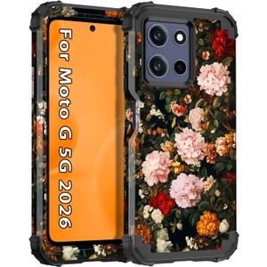 Hekodonk for Moto G 2026 Case,Moto G Play 2026 Case,Floral Three Layer Heavy Duty Shockproof Protection Hard Plastic+Soft Silicone Full Body Drop Protective Case for Moto G 2026,Black
