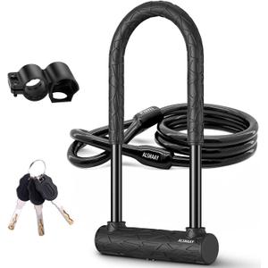 Heavy Duty Bike U Lock - Super Strong 12 Ton Shear, 20mm U Shape Lock Anti-Theft Silicone Covered Electric Scooter Lock Keyhole with Sliding Cover 4ft Steel Cable with Mounting Bracket and 3 Keys(L)