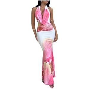 SOLY HUX Women's Floral Print Maxi Dress Halter Draped Cowl Neck Sleeveless Backless Bodycon Long Dresses M