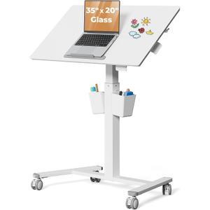 35" Small Glass Mobile Standing Desk, Portable Laptop Cart with Storage & 90 Tilt, Height Adjustable, Rolling Whiteboard on Wheels for Office Home School, White