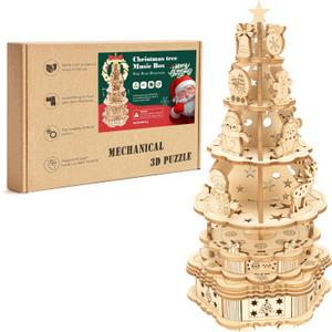 3D Wooden Puzzle Christmas Tree Music Box  61PCS DIY Wooden Craft Kit for Adults & Kids, Handmade Xmas Tree House Model with Rotating Music, Creative Decor