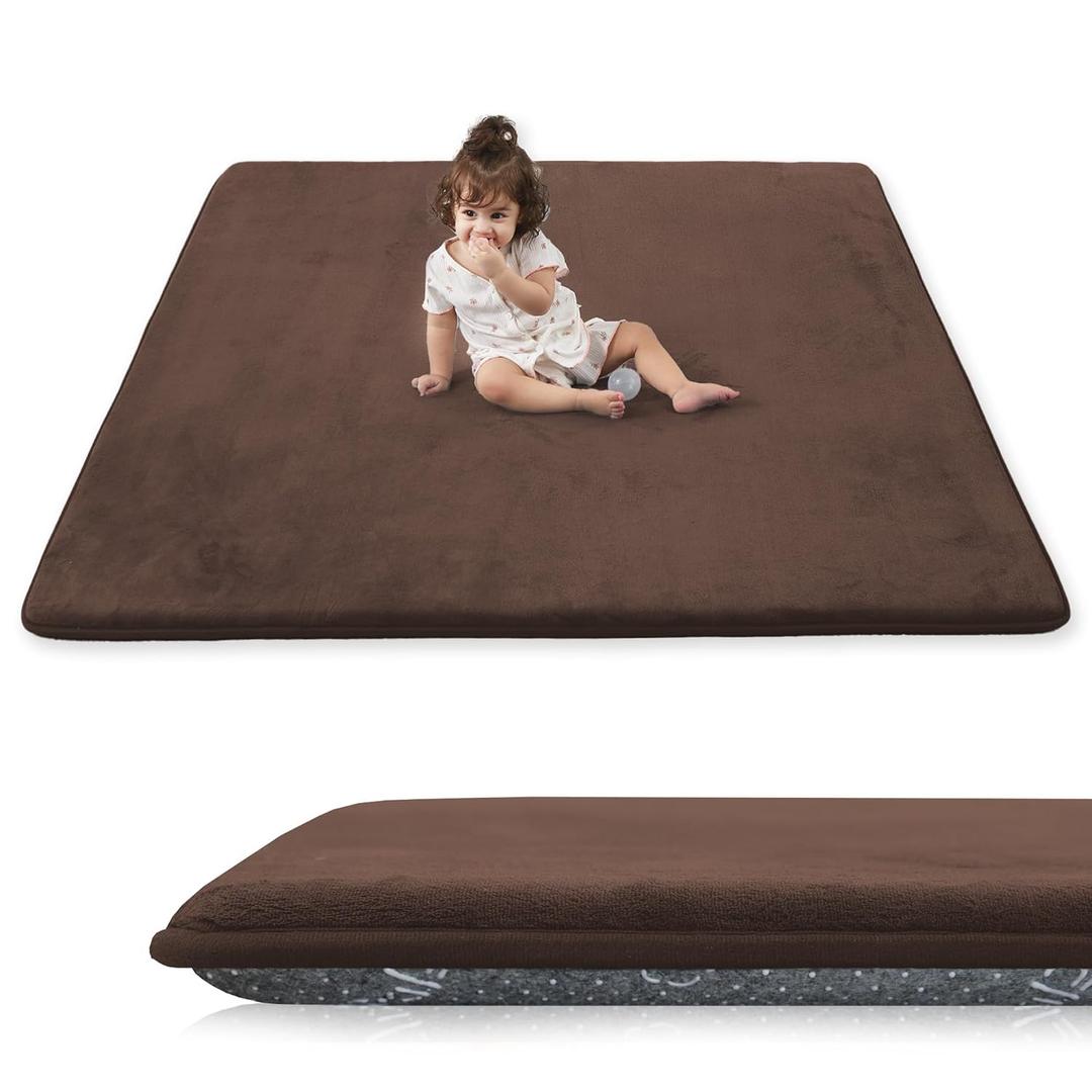 1.3" Thick Baby Play Mat for Floor, 79x79 Playpen Mat, Pro Soft Flannel Foam Mats Toddler Infant Kids Crawling for Nursery Rug Playroom Living Room Waterproof Easy Care Non-Slip (Brown)