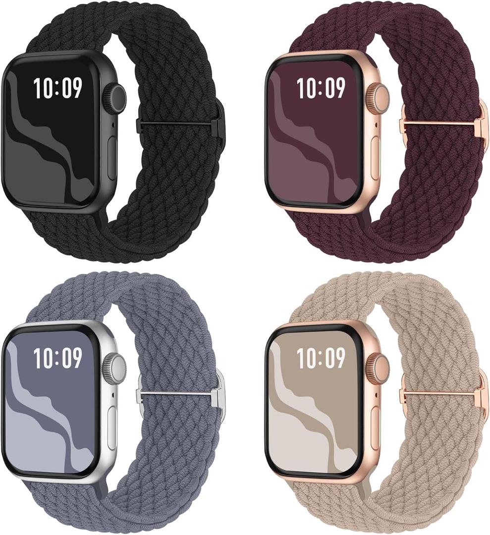 Braided Stretchy Solo Loop Compatible for Apple Watch Band 38mm 40mm 41mm 42mm 44mm 45mm 46mm 49mm for Women Men, Nylon Elastic Straps Wristbands for iWatch Series 11/10 9 8 7 6 5 4 3 SE/Ultra 3 2 1 (Milk Tea/Blue Gray/Dark Cherry/Black)