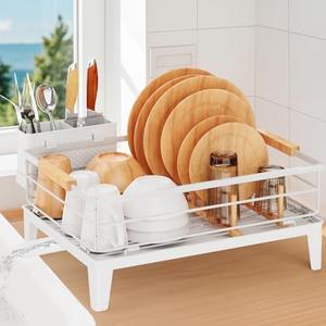JYPS Dish Drying Rack for Kitchen Counter Decor with Mat, Rustproof Dish Rack Drainers with Utensil Holder, Wooden Handles，360° Rotatable Drainer, Higher Legs (White)