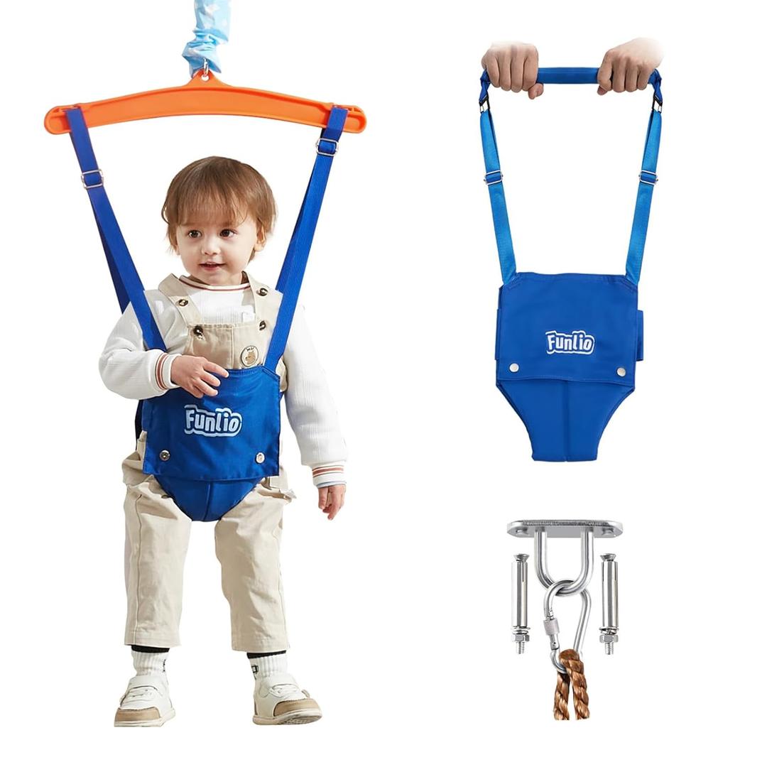 FUNLIO 2 in 1 Baby Jumper with a Ceiling Hook, Baby Walking Harness for 6-24 Months, Baby Jumper for Indoor/Outdoor Play, Infant Jumper Doorway with Adjustable Chain, Easy to Assemble & Store - Blue