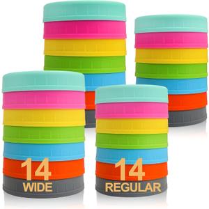 AOZITA [ 28 Pack ] Plastic Mason Jar Lids Fits Ball, Kerr & More - 14 Wide Mouth & 14 Regular Mouth - Colored Storage Caps for Canning Jars, Dishwasher Safe & Food Grade
