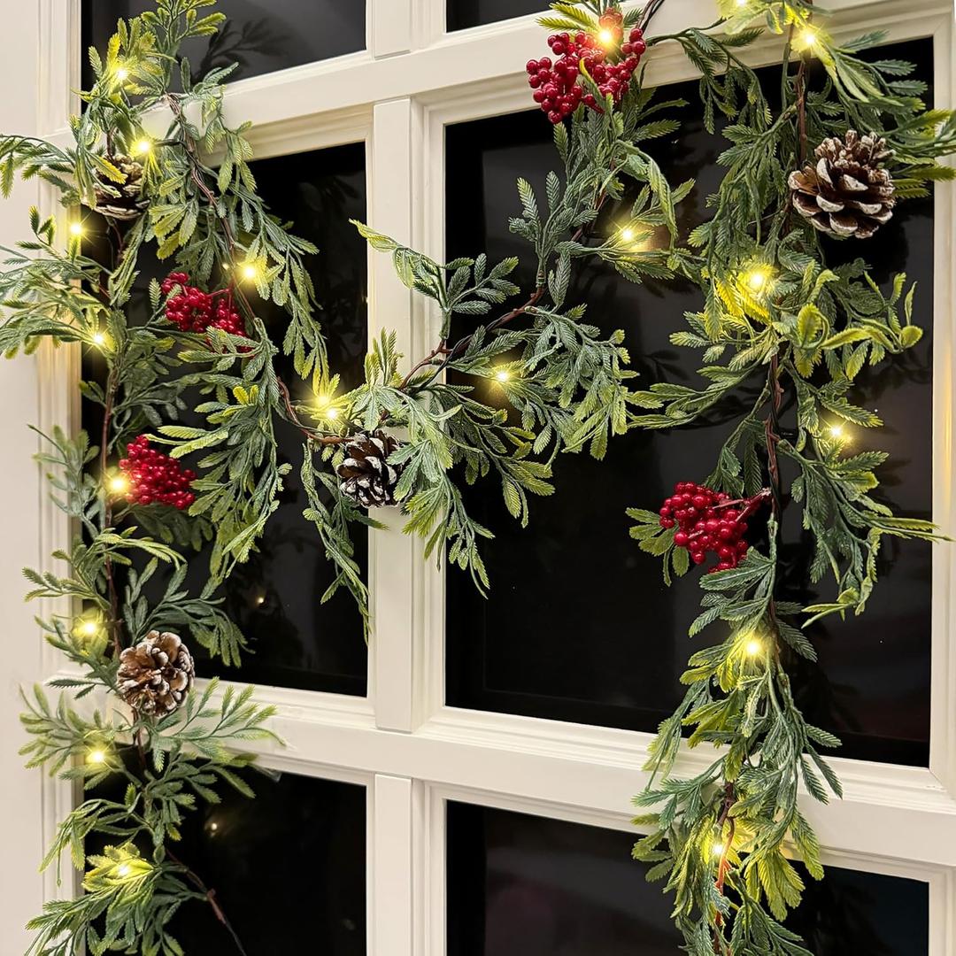 6 FT Artificial Christmas Garland, Faux Cypress Leaf Evergreen Garland with 20 LED Lights, Red Berries and Pinecones, Green-Yellow Leaves, Timer, Perfect for Indoor Outdoor Window Mantel