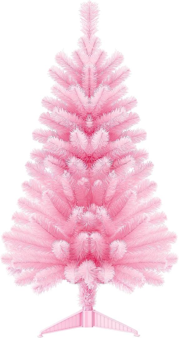 3Ft Premium Artificial Small Mini Christmas Tree for Tabletop,Home, Office, Indoor and Outdoor Decor,Holiday Decoration,Easy Assembly Metal Hinges & Foldable Base 160 Branch Tips Pink Tree