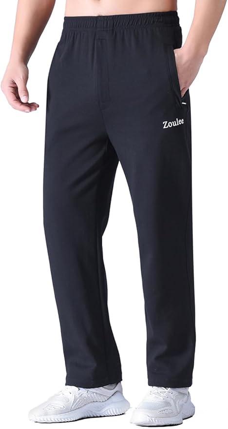 Zoulee Men's Open-Bottom Cotton Track Pants Sweatpants Jogging Pants with Zip Fly Thin Black, L