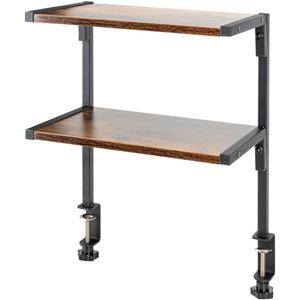 Clamp On Desk Organizer Shelf, 12 Inch Clamp-on Above or Under Desktop Storage Shelf,2 Tier Clip On Shelving Unit for Table Accessories (Brown)