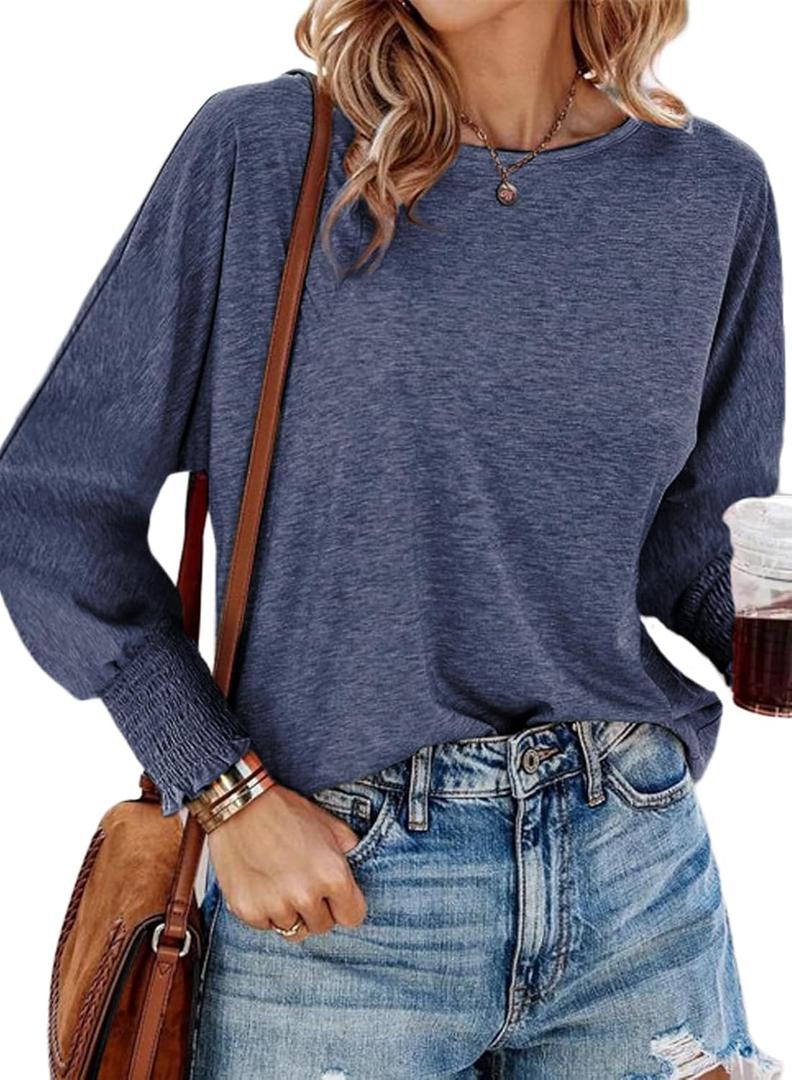 Dokotoo Womens Tops Long Sleeve Tops Shirts 2025 Spring Trendy Business Work Loose Basic T-Shirts (Blue, L)