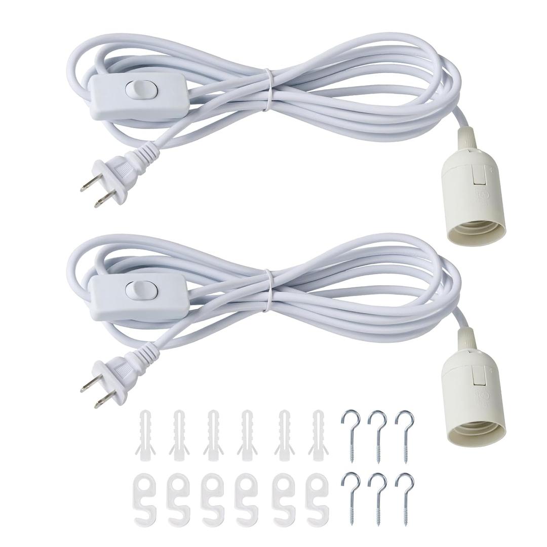 16.5ft Plug in Pendant Light, 2-Pack Light Sockets Extension Cord, White Hanging Light Cord E26/E27 with ON/Off Switch, for Kitchen Bedroom Plant Growth Light