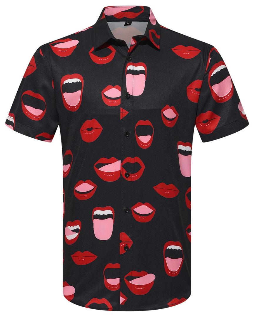 Men's Redlip Print Short Sleeve Hawaiian Shirts Casual Tropical Funny Button Down Shirt (M)