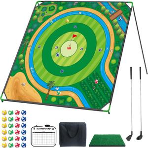 Mostop Large Golf Chipping Game Set, 70"x70" Large Chipping Mat with 20 Sticky Balls & 2 Adjustable Clubs, Indoor Outdoor Golf Practice for Backyard, Lawn, Yard Games Gift for Friends Family