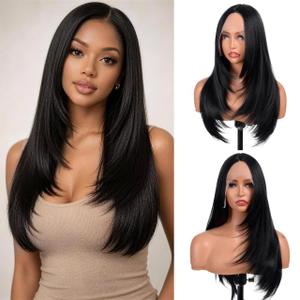 Black Wigs for Women 26 Inches Long Straight Layered Wig Middle Part Black Layered Wigs Natural Looking Heat Resistant Synthetic Wig for Daily Party Cosplay Use (#1B Natural Black, 26 Inch)