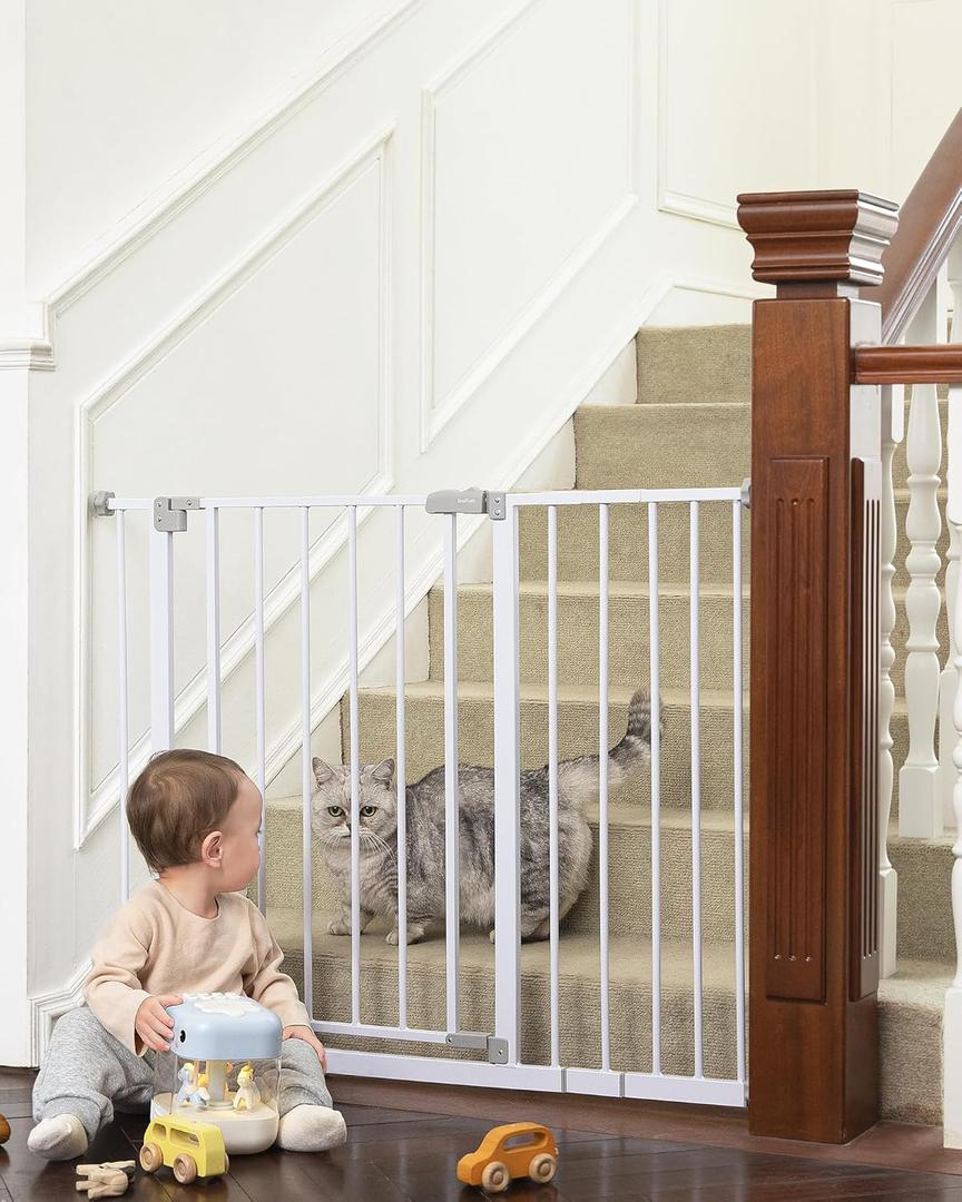 InnoTruth 28.9-42.1" Wide Baby Gate for Stairs & Doorways, 30" Tall Pressure Mounted Dog Gates for Stairs Expandable One-Hand Open, Easy Step Walk Through Dual Lock Metal Pet Gates for Dogs, White