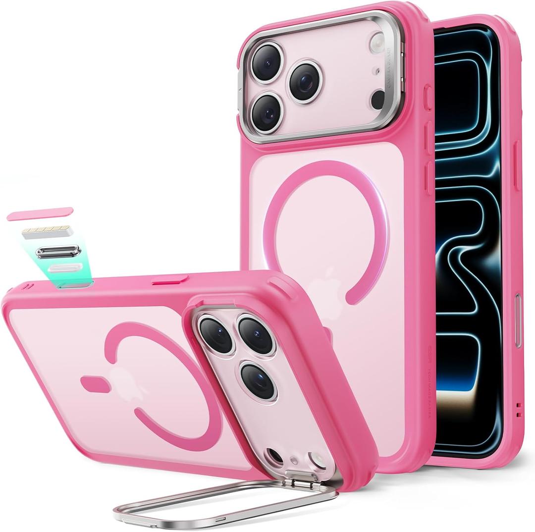 ESR for iPhone 17 Pro Max Case with Stash Stand, Camera Control Cover Compatible with MagSafe, Military-Grade Drop Protection Magnetic Phone Case, Scratch-Resistant Back Cover,Frosted Pink