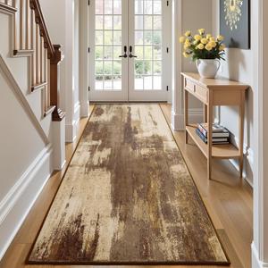 Washable Runner Rug, 2'6''x8' Kitchen Rugs Brown Long Runner Rugs with Rubber Backing, Abstract Non-Slip Carpet Runners for Hallways, Kitchen, Bedroom, Laundry, Entrance