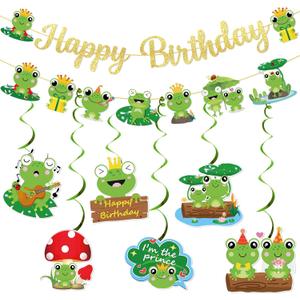 Frog Birthday Banner Gold Glitter with Garland Hanging Swirls, Frog Birthday Party Decorations for Princess Prince Baby Shower Party Decor