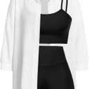 Floerns Women's 2 Piece Outfit Active Biker Shorts Camisole with Long Sleeve Shirts Set Black and White Small